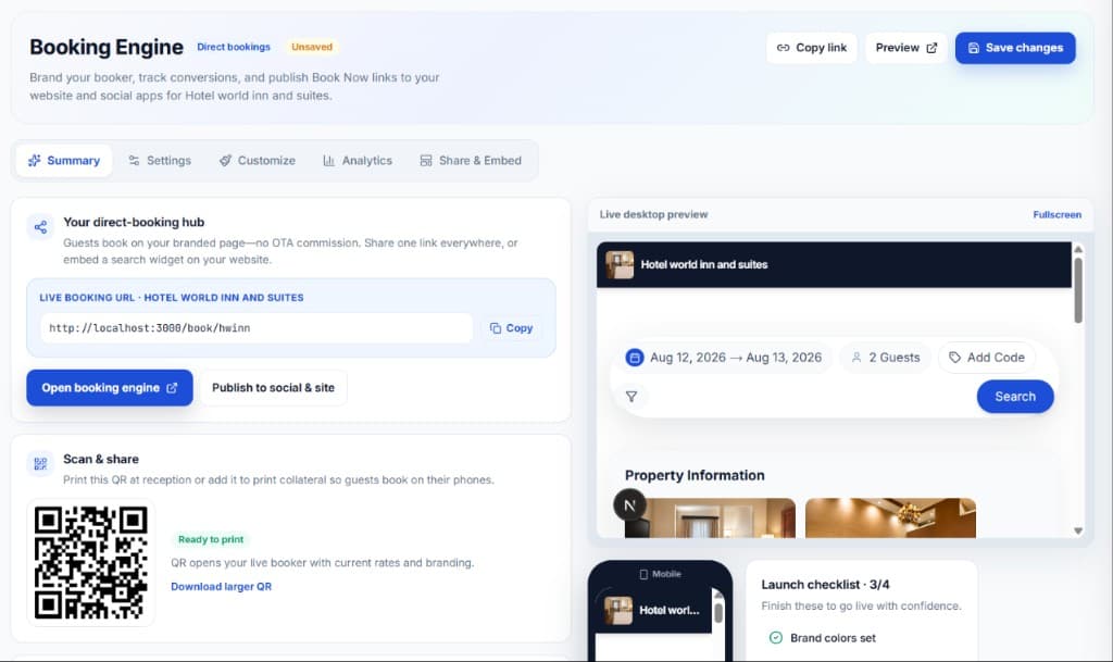 Hoteliax booking engine with live desktop preview, QR share, and launch checklist